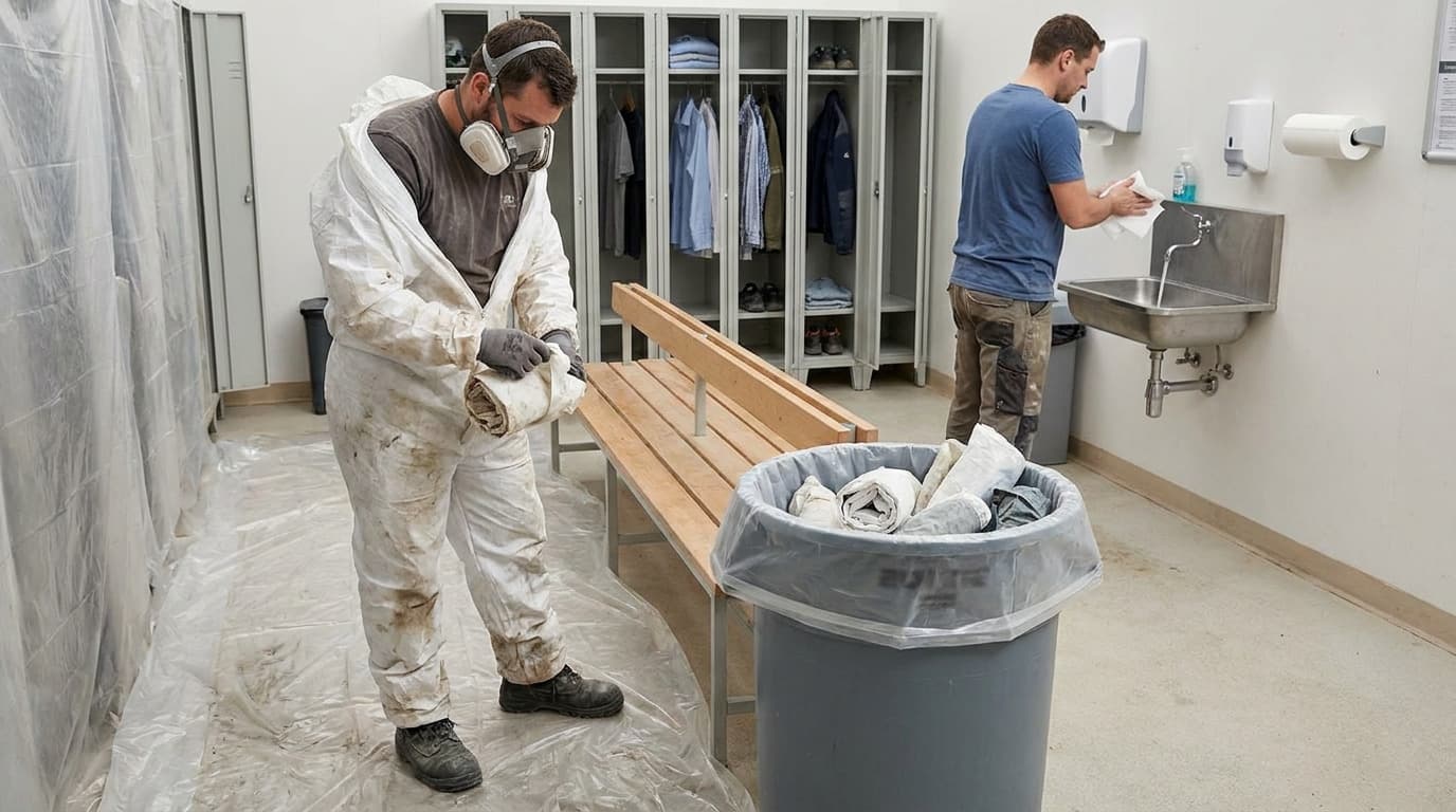 Two men in a locker room, one removing a dirty white coverall over plastic sheeting, another washing hands at a sink near lockers and hanging clothes.