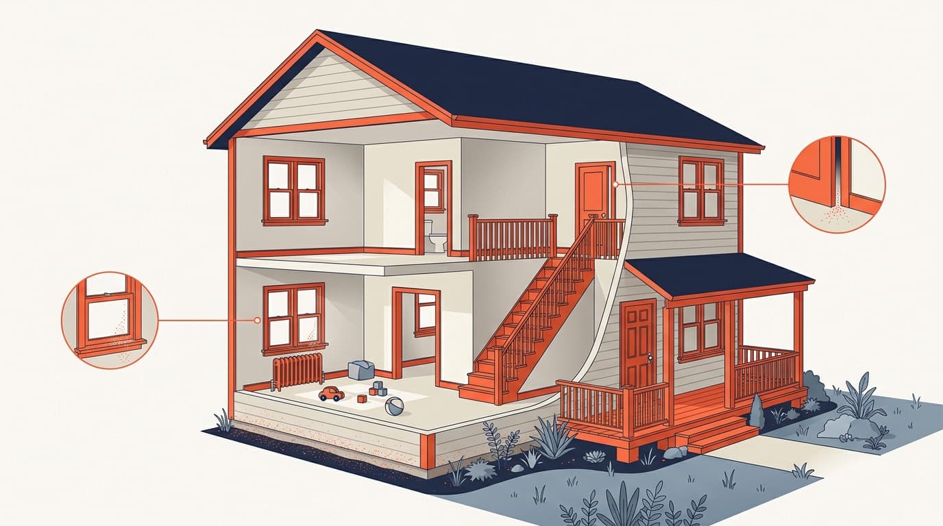 Cutaway illustration of a two-story house showing interior stairs, rooms, porch, and windows, with two callout circles highlighting paint flaking near window sills.