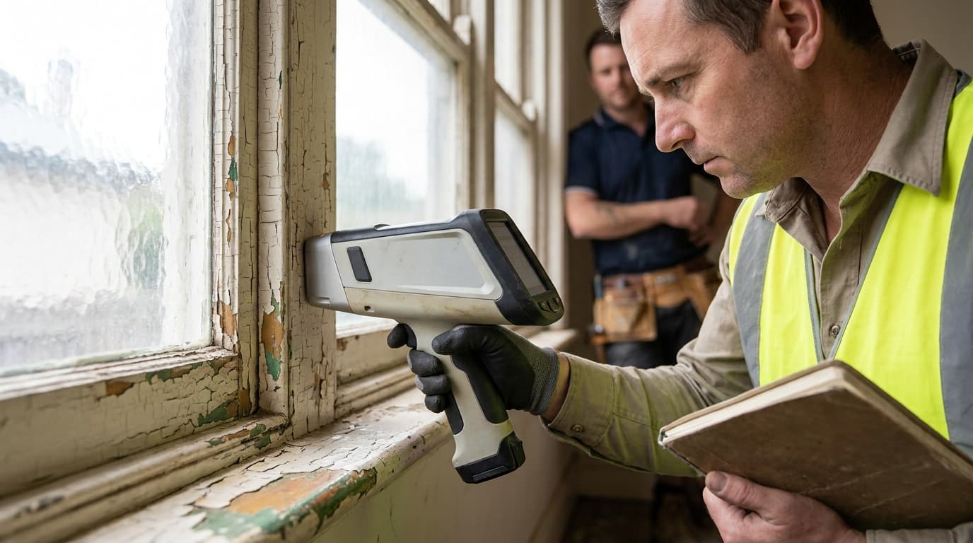 Man in safety vest holds an XRF analyzer gun against a peeling painted window sill while another worker with tool belt watches nearby.
