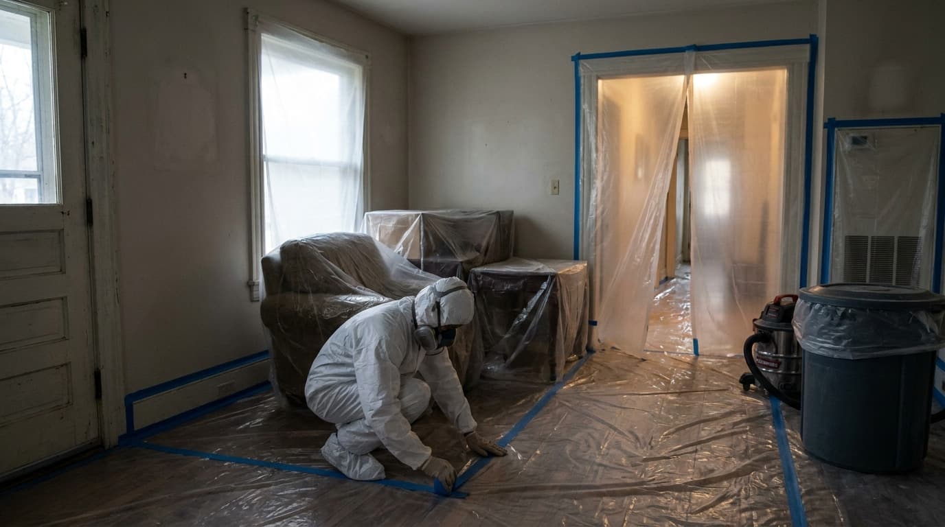 Worker in white protective coverall and respirator kneels on plastic-sheeted floor sealed with blue tape, furniture wrapped in plastic, in a room with taped plastic doorway barriers.