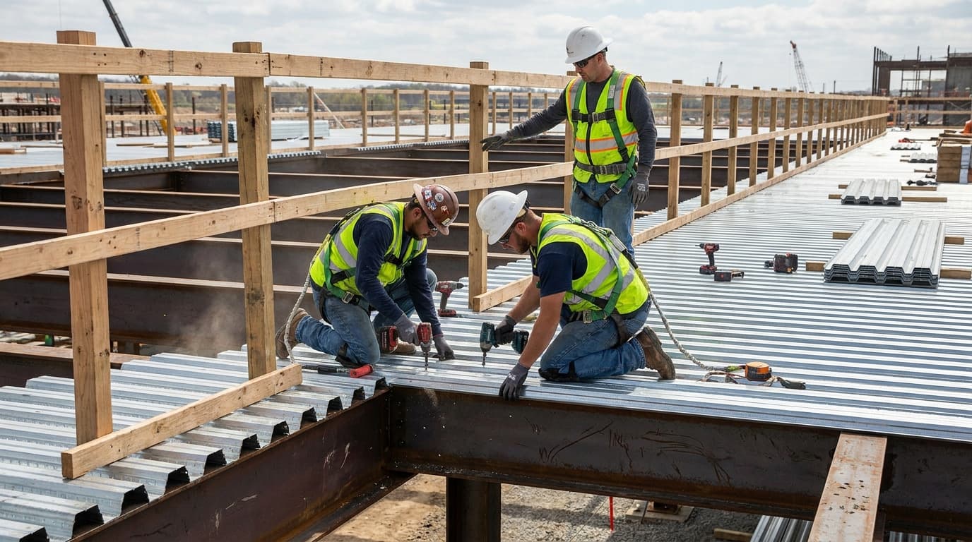 Three workers in hard hats and safety vests kneel and stand on a metal decking edge, drilling fasteners, with wooden guardrails and cranes in the background.