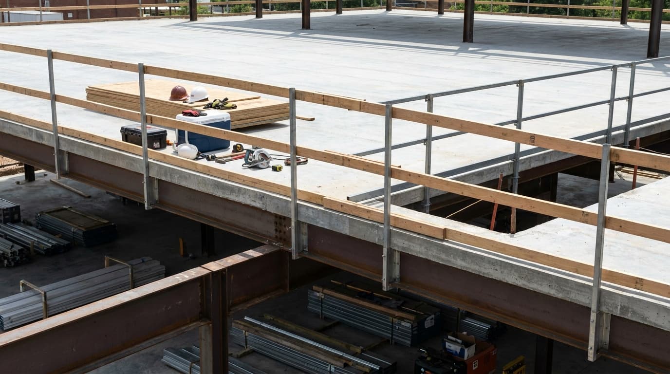 Elevated concrete floor edge with metal guardrail and wooden top rail, tools, hard hats, and a cooler placed near the open edge above a lower level.