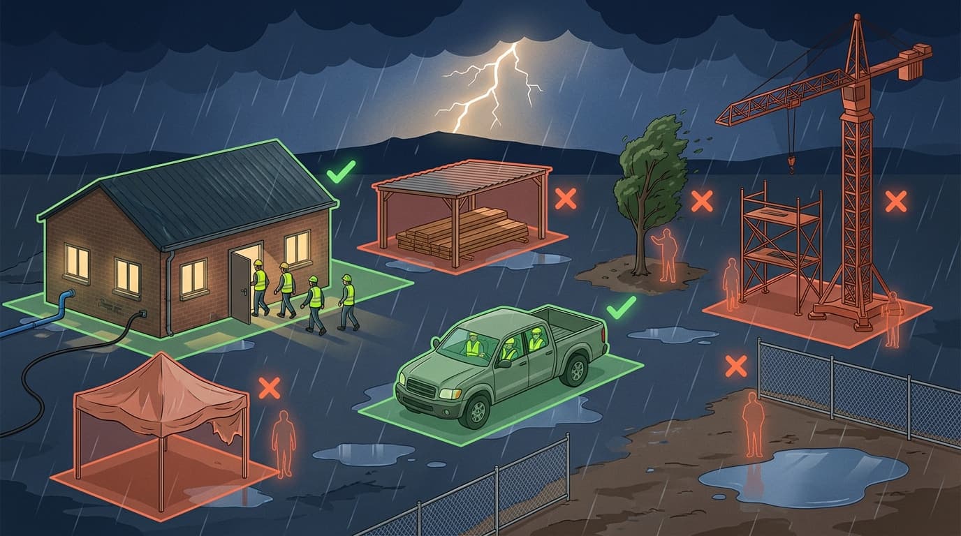 Illustrated diagram showing safe and unsafe lightning shelter locations on a site: a solid building and vehicle marked with green checks, while an open-sided shed, tree, scaffolding, crane, tent and open ground are marked with red crosses.