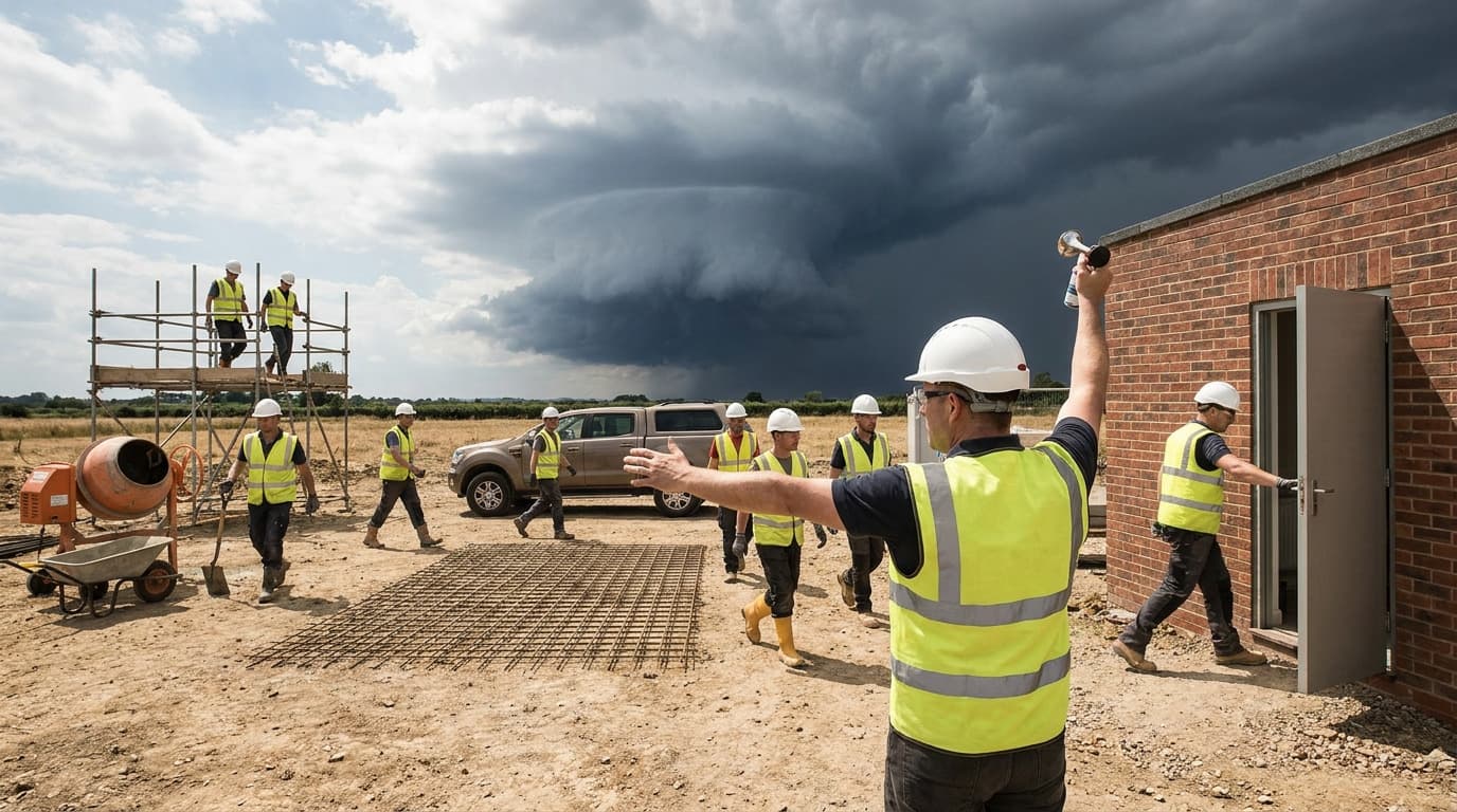 Construction workers in hi-vis vests and hardhats walk away from scaffolding and a mixer toward a brick building, while a man in foreground blows a horn under a dark storm cloud.