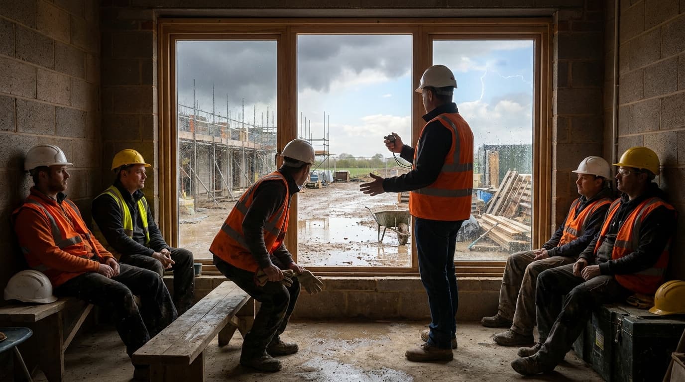 Six workers in hardhats and hi-vis vests sit and stand inside an unfinished brick building, listening to a man holding a whistle, with a muddy site and lightning visible through the window.