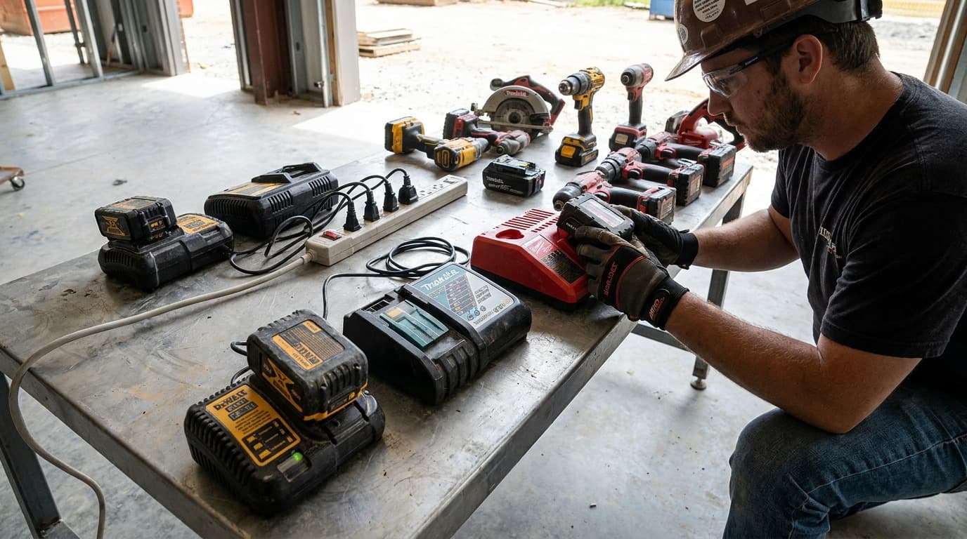 Trabalhador de capacete e luvas inspeciona uma bateria em uma mesa coberta com ferramentas elétricas, carregadores e baterias empilhadas em um canteiro de obras.