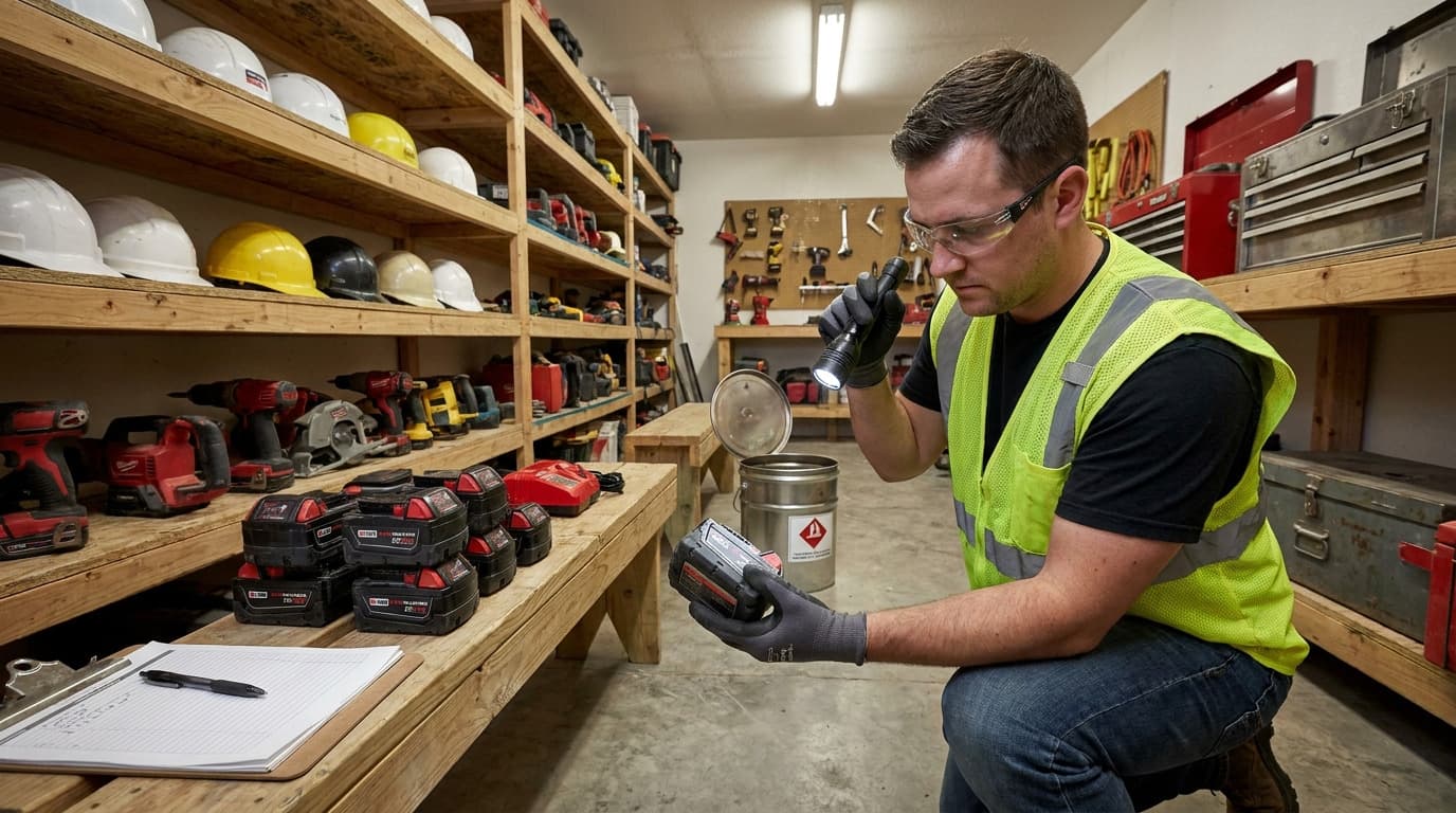 Trabalhador de colete de alta visibilidade usa uma lanterna para examinar uma bateria perto de um balde metálico de descarte, cercado por prateleiras com ferramentas, capacetes e baterias.