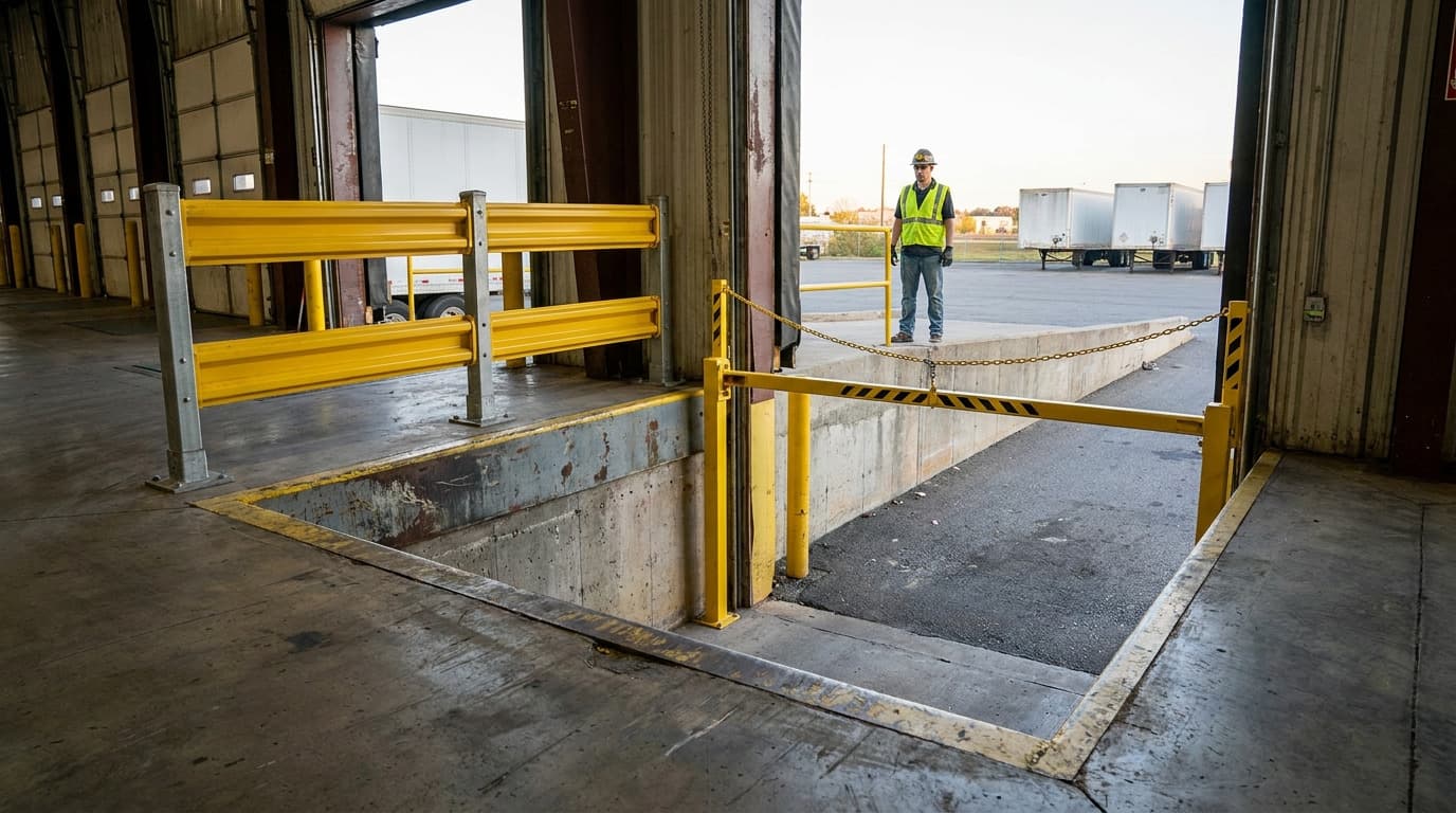 Trabajador con casco y chaleco de alta visibilidad está de pie en el borde exterior de un muelle de carga junto a un foso abierto, con barandas de seguridad amarillas y cadenas en la abertura de la puerta del muelle.