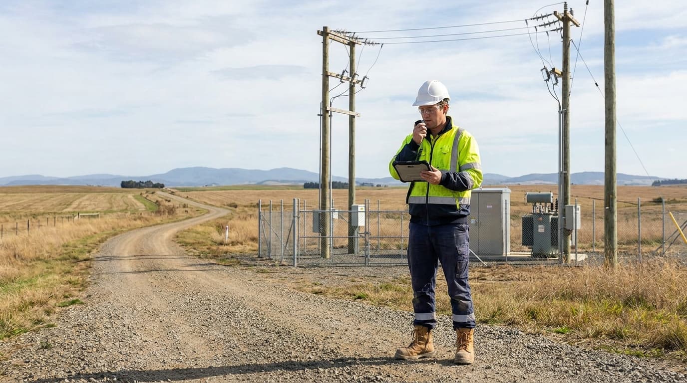 Trabalhador com jaqueta de alta visibilidade amarela e capacete branco fala no rádio enquanto segura um tablet, em pé em uma estrada de cascalho perto de postes elétricos e uma subestação cercada.