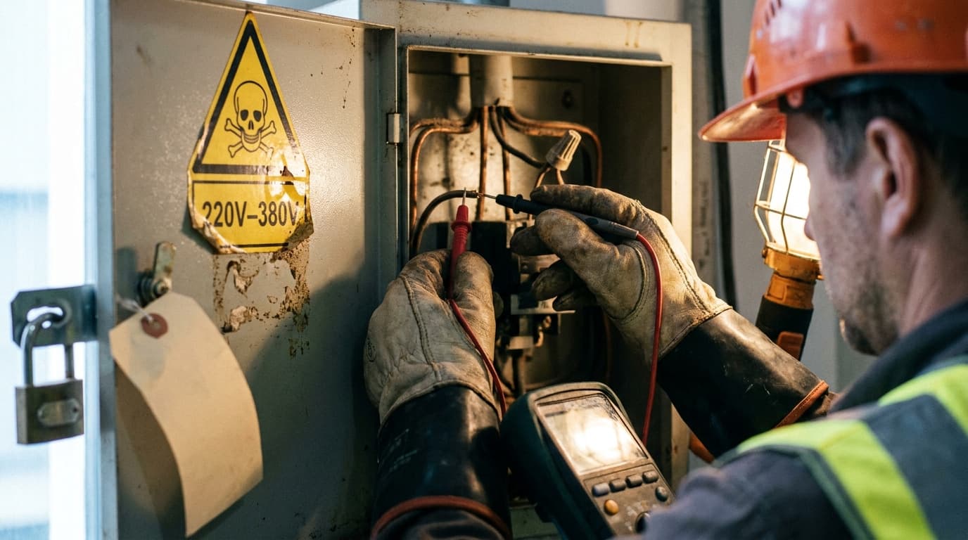Un trabajador con casco y chaleco usa un multímetro con puntas de prueba rojas dentro de un tablero eléctrico abierto, junto a un candado y un letrero de peligro 220V-380V.