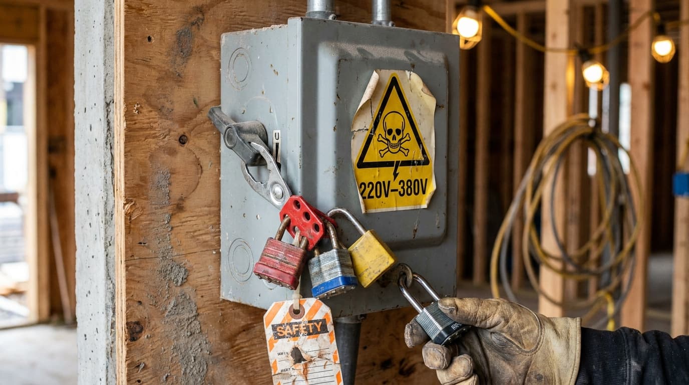 Una mano enguantada coloca un candado en una barra de bloqueo con varios candados y una etiqueta de seguridad sobre un tablero eléctrico de desconexión marcado con un letrero de peligro 220V-380V.