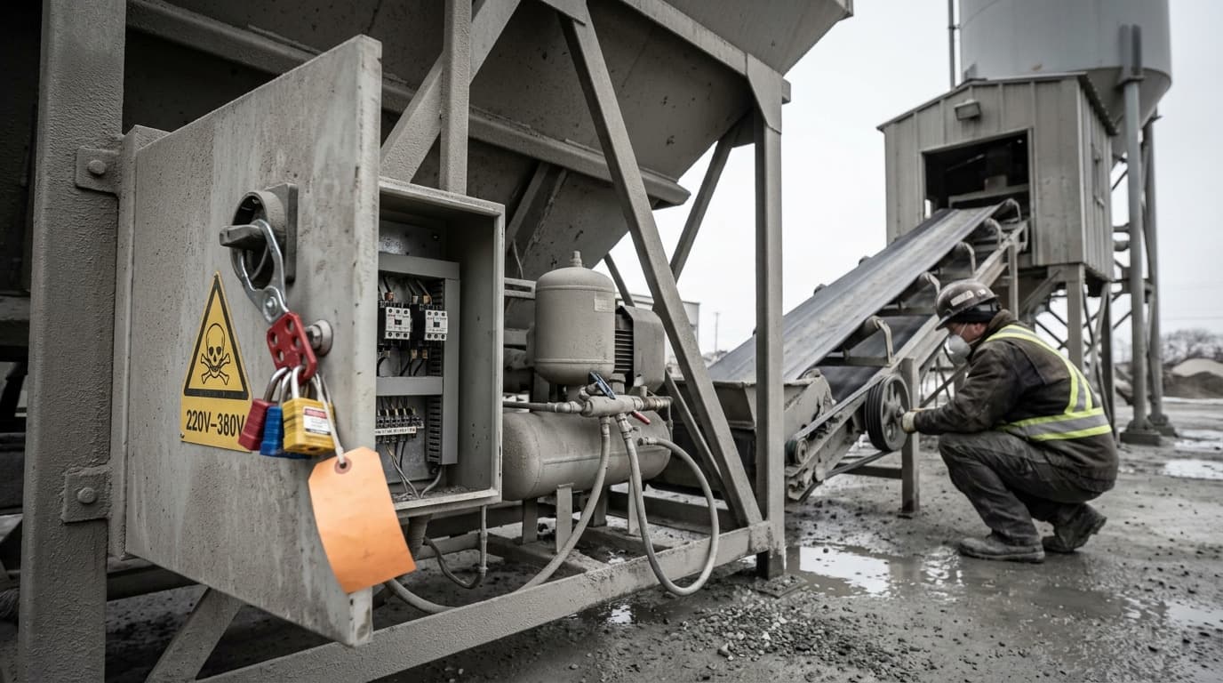 Caja de desconexión eléctrica con candado y letrero de peligro montada en un equipo industrial, con un trabajador con casco y respirador agachado cerca de una cinta transportadora al fondo.