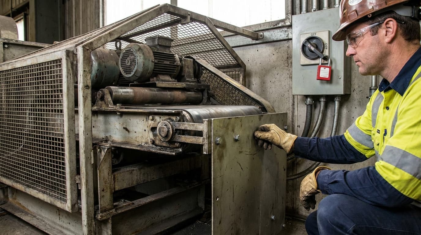 Worker in hard hat, safety glasses, hi-vis shirt and leather gloves opens a guard panel on an industrial roller machine beside a locked-out disconnect switch with red padlock.