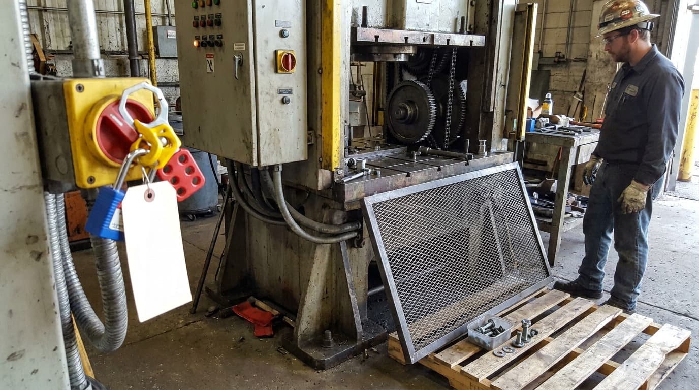Worker in hard hat stands near an industrial press with removed mesh guard panel resting on a wooden pallet, disconnect switch locked with multiple padlocks and tags.