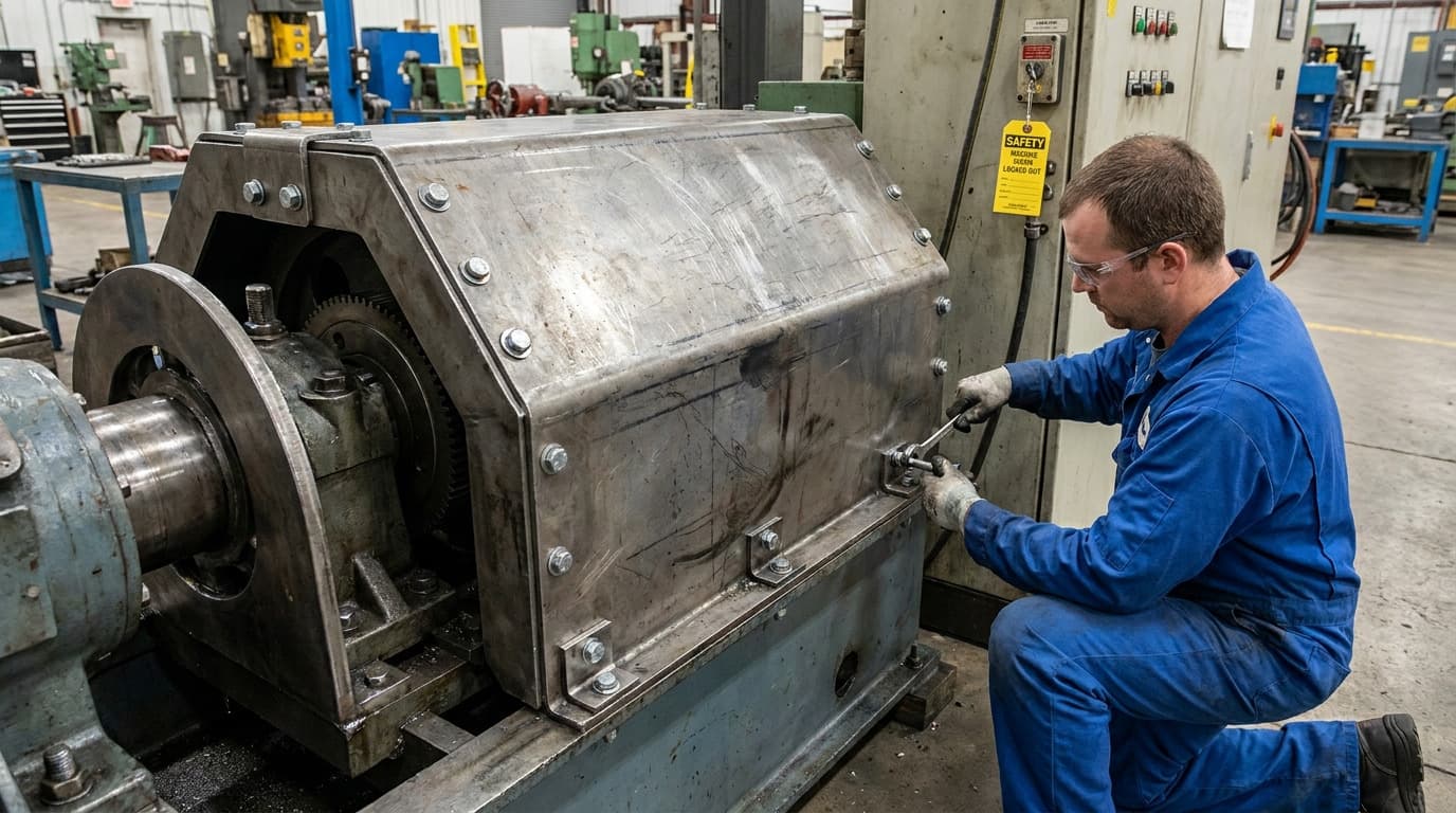 Kneeling worker in blue coveralls and gloves uses a wrench on a large metal gearbox housing beside a yellow lockout safety tag hanging on a control panel.