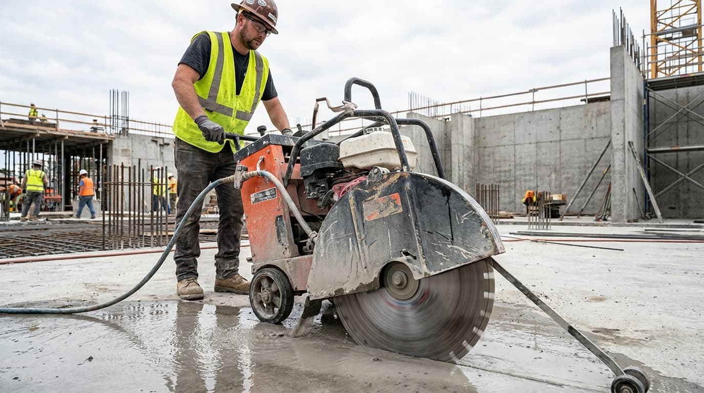 Worker in hard hat and safety vest operates a gas-powered concrete cutting saw with spinning blade on a wet concrete slab, rebar and forms behind.