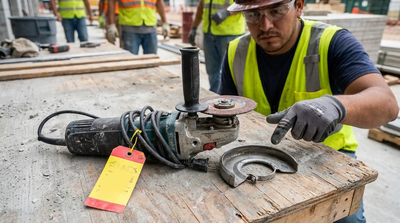Worker in vest and gloves inspects a disassembled angle grinder with removed guard and tagged cord on a wooden pallet at a job site.