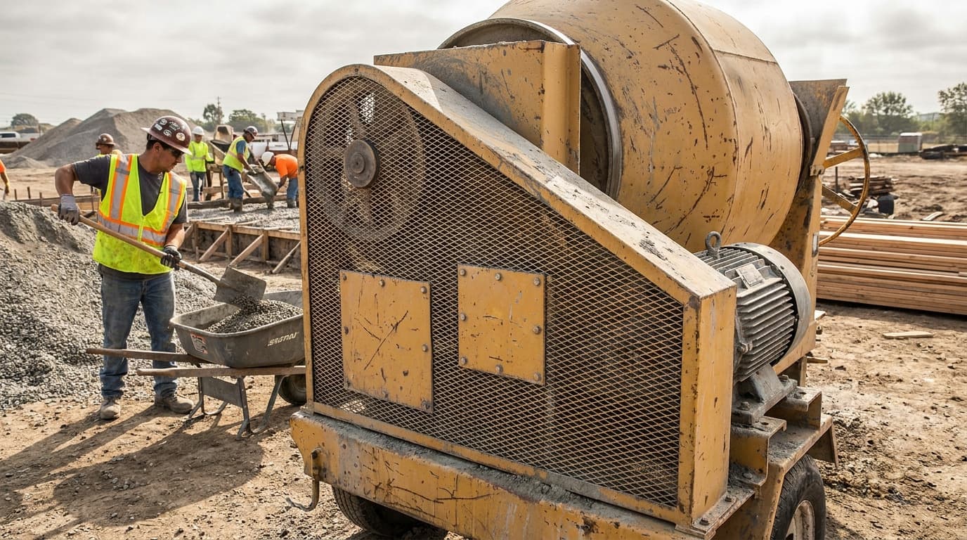 Worker shovels gravel into a wheelbarrow beside a large yellow cement mixer with mesh-covered motor housing at an outdoor site.