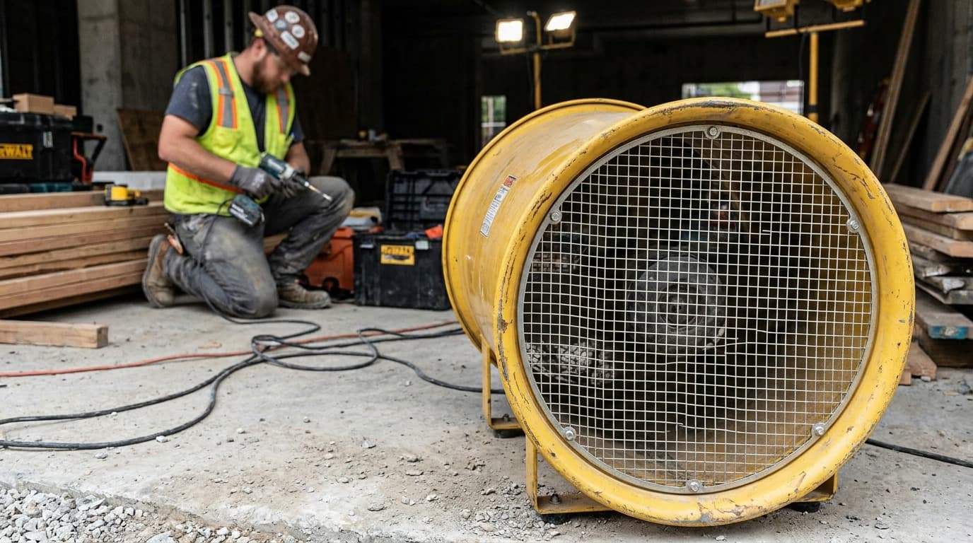 Large yellow ventilation fan with wire mesh guard sits on concrete floor while a worker kneels drilling wood boards in the background.