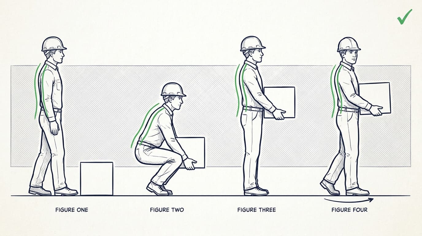 Illustrated four-step sequence showing a worker in hardhat bending knees to lift a box with a straight back, then standing and walking, spine highlighted green.
