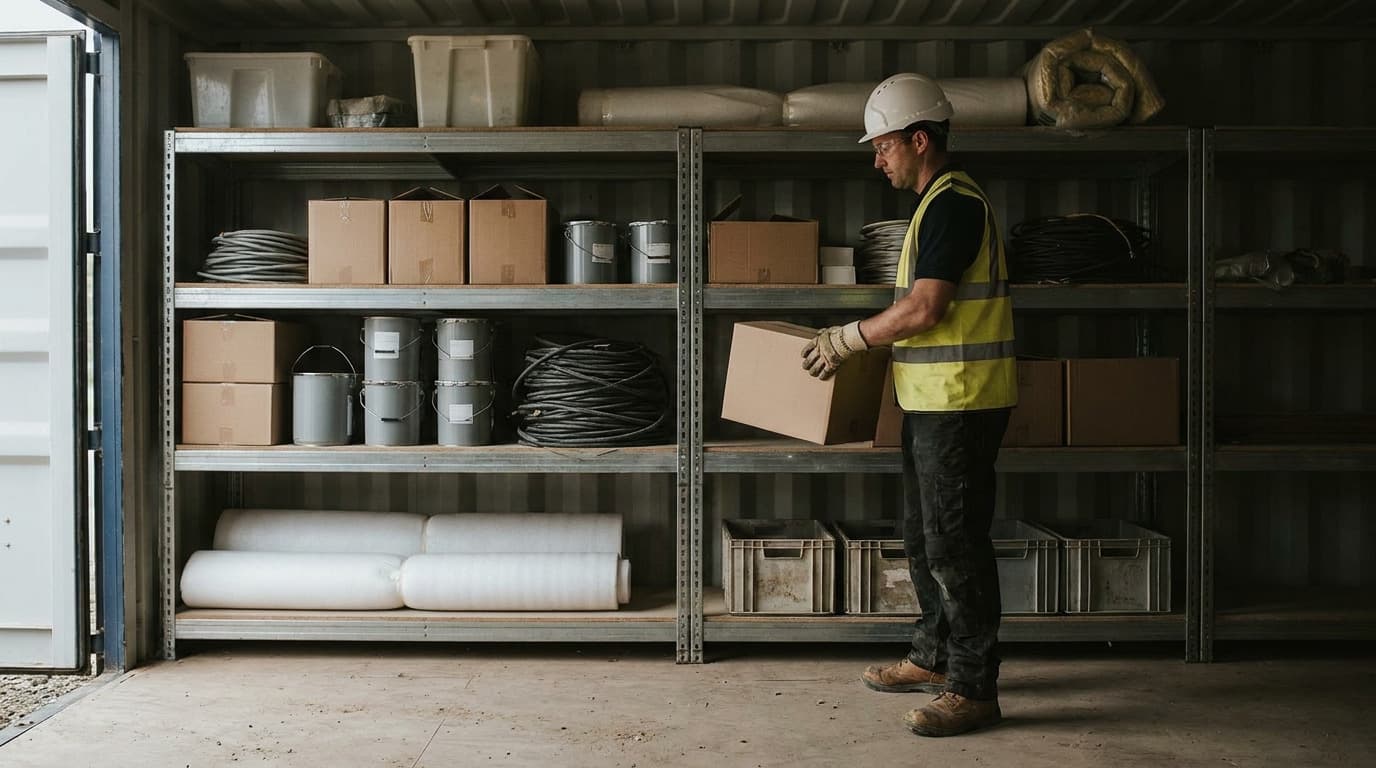 Worker in hardhat, safety glasses, and hi-vis vest lifts a cardboard box from a metal shelving unit inside a storage container filled with supplies.