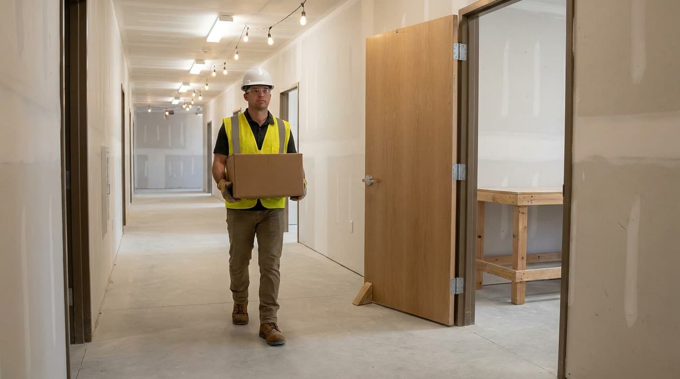 Worker in hardhat, safety glasses, and hi-vis vest carries a cardboard box down a corridor in an unfinished building with drywall and open doors.