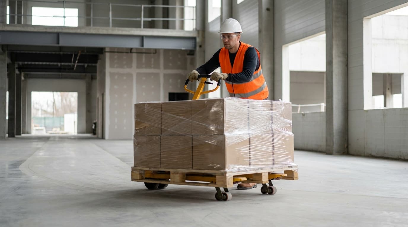 Trabajador con chaleco de alta visibilidad, casco y lentes de seguridad empuja una transpaleta manual cargada con cajas envueltas sobre un piso de concreto en un edificio en construcción.