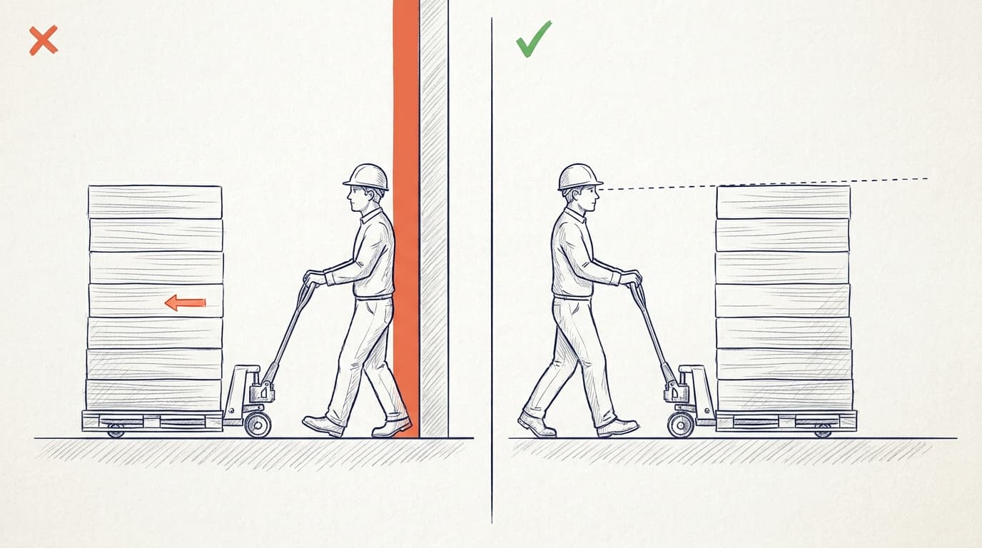 Diagrama ilustrado que compara el uso de la transpaleta: a la izquierda la carga bloquea la vista del trabajador junto a un muro marcado como incorrecto, a la derecha la línea de visión está despejada marcada como correcto.