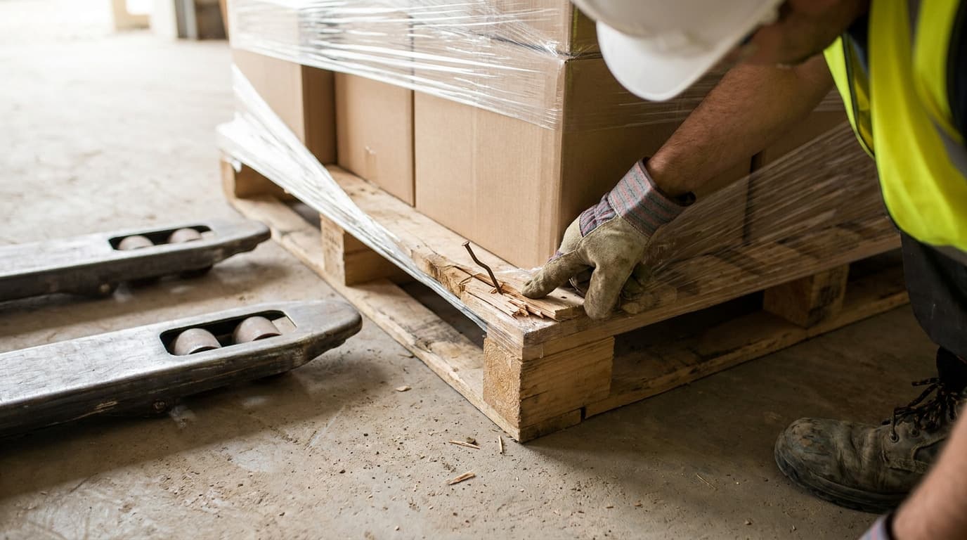 Primer plano de una mano enguantada ajustando el plástico envolvente de una tarima de madera con un clavo doblado sobresaliente, con las horquillas de la transpaleta apoyadas cerca sobre el piso de concreto.