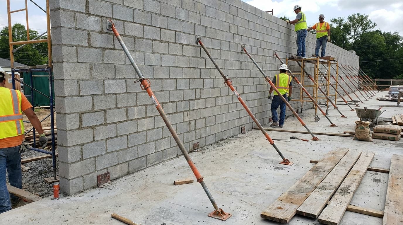 Baretli ve yelekli işçiler, çapraz metal destek direkleriyle desteklenmiş uzun bir beton blok duvarı, ahşap tahta iskele üzerinde durarak örüyor.