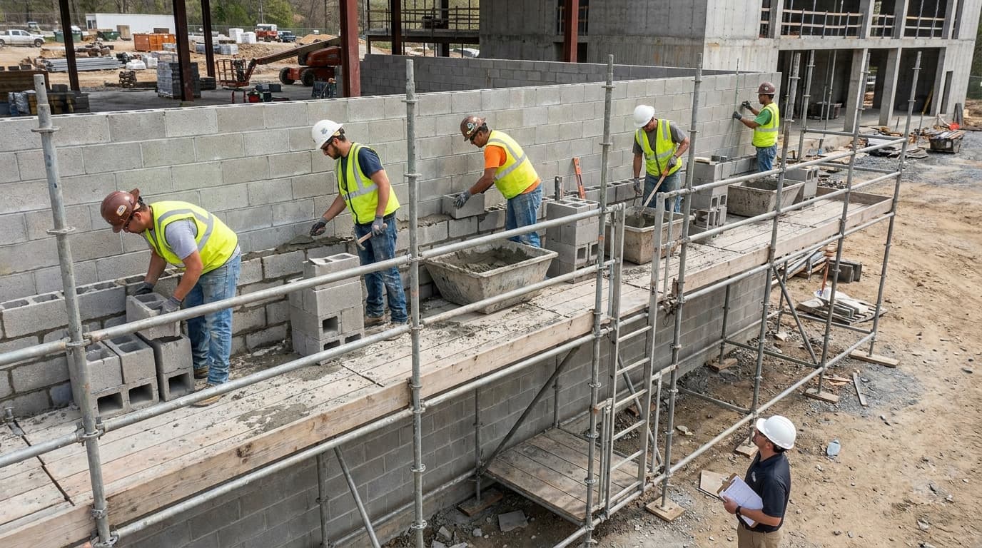 Beş işçi baret ve fosforlu yelek giyerek ahşap tahta iskele üzerinde uzun bir duvar boyunca beton blok döşüyor, altta bir gözetmen elinde kâğıtlarla duruyor.