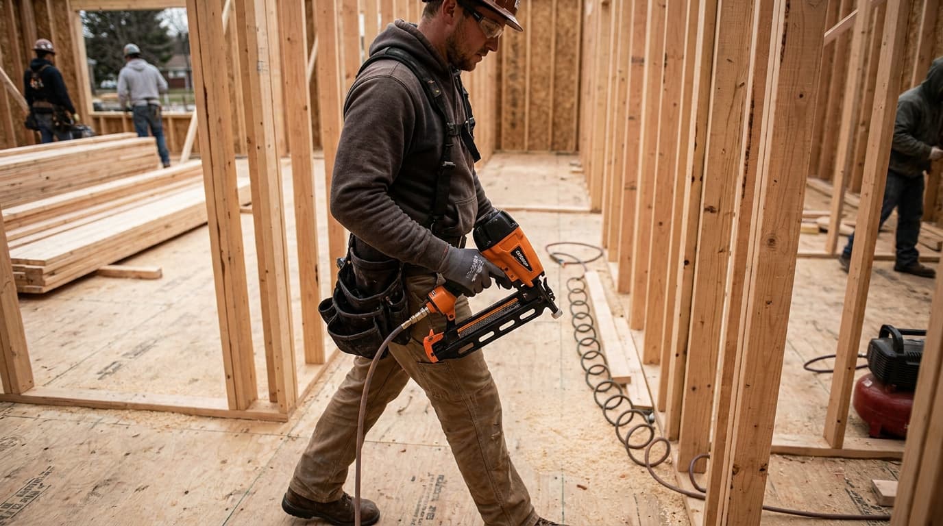 Worker in hard hat carries a pneumatic nail gun through a wood-framed structure, hose trailing to a compressor; two other workers visible nearby.