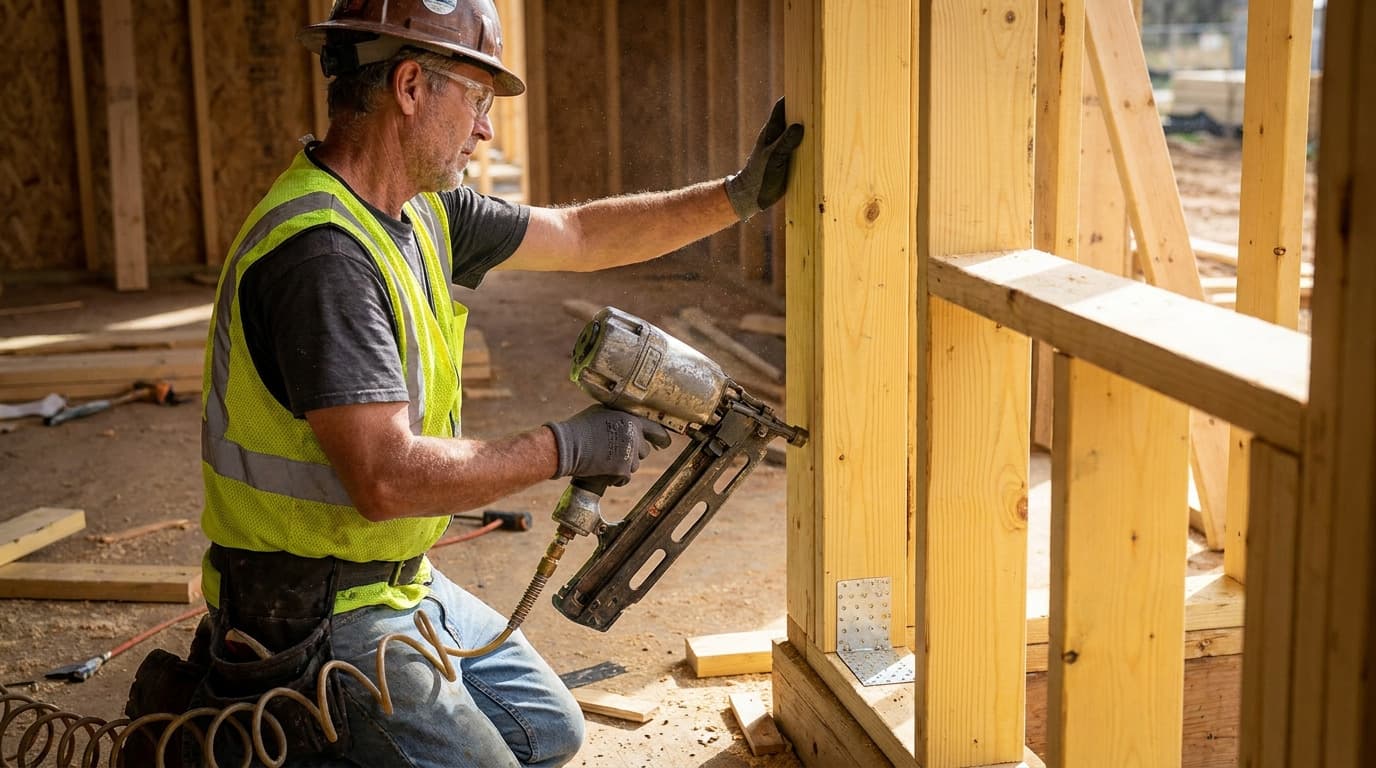 Man in hard hat and safety glasses kneels while using a pneumatic nailer against a wall stud, bracing wood with his other hand, sawdust flying.