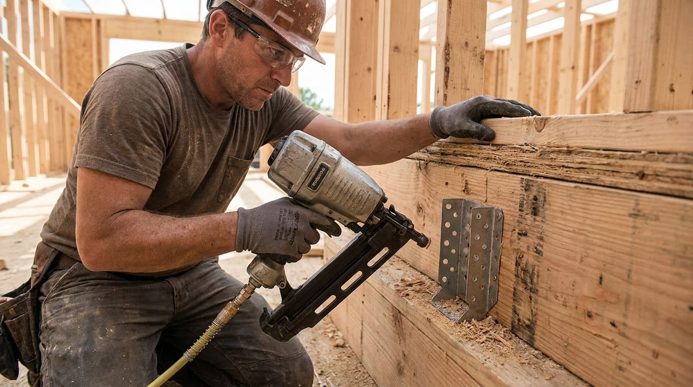 Worker in hard hat and safety glasses uses a pneumatic nail gun on a wood beam near a metal framing bracket, gloved hand steadying the lumber.