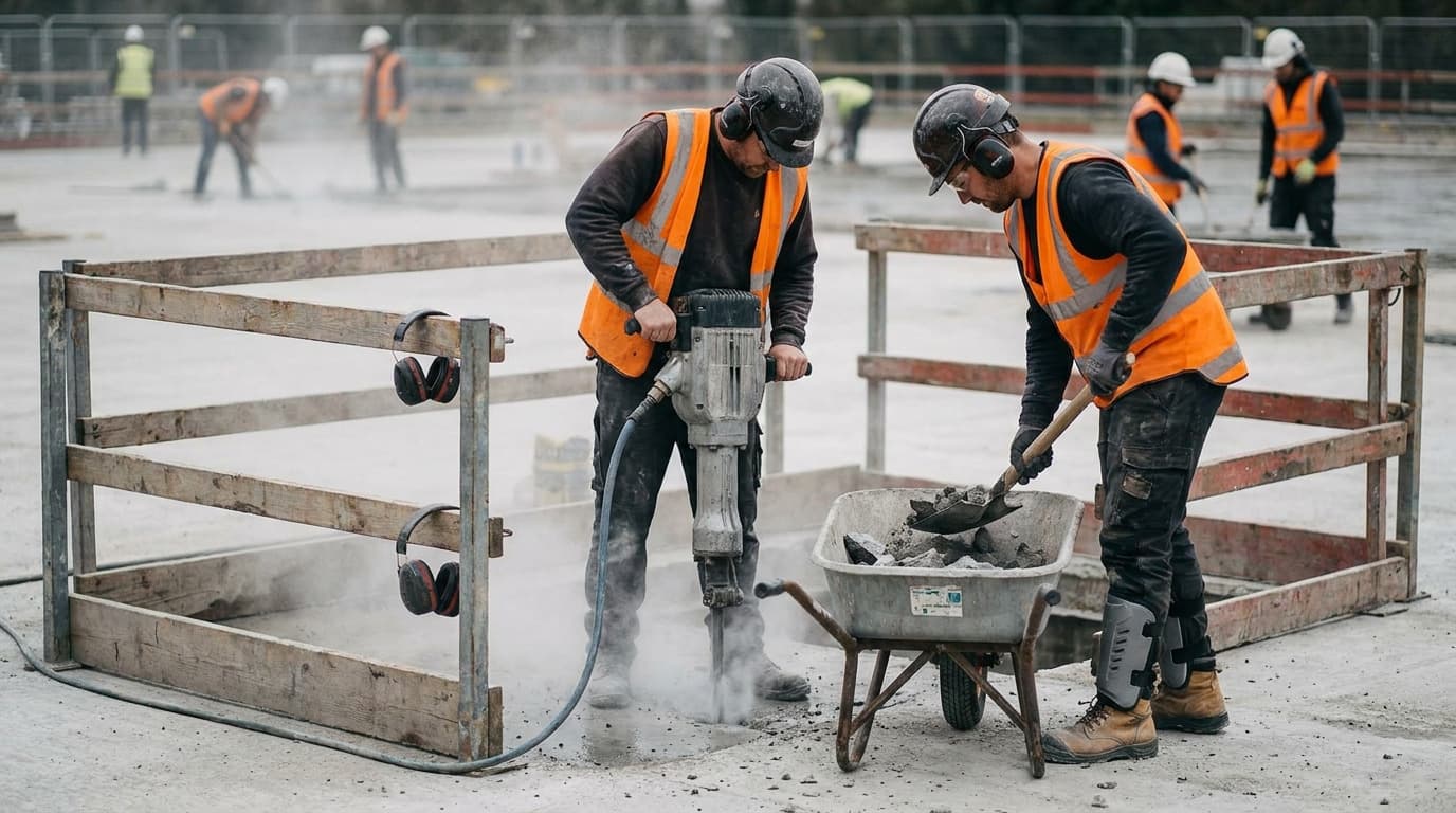 Dos trabajadores con ropa naranja de alta visibilidad y orejeras usan un martillo neumático y palean escombros de concreto en una carretilla dentro de un área cercada con malla metálica, con polvo visible.