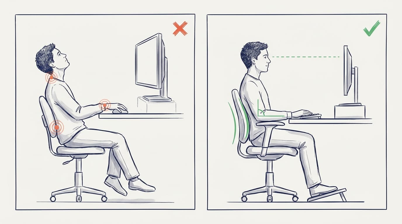 Illustrated diagram comparing two seated postures at a computer desk: left figure slouching with neck, wrist and back strain marks; right figure sitting upright with footrest and aligned monitor.