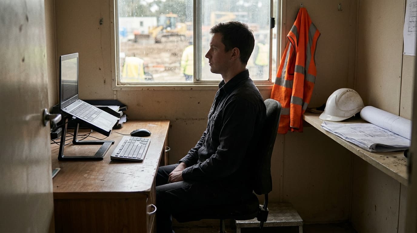 Man in dark shirt sits at laptop on stand in a site office trailer, hi-vis vest and hard hat hanging nearby, construction site visible through window.