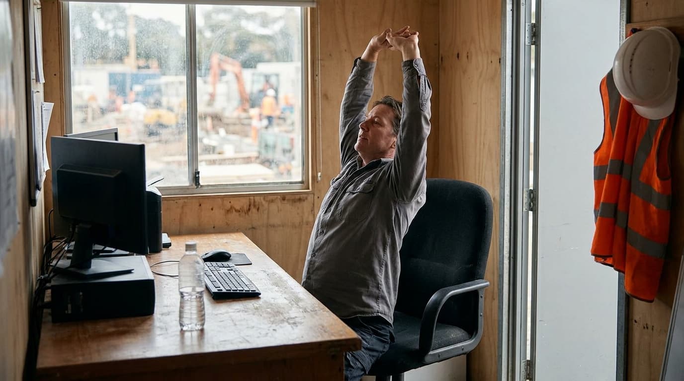 Man in a wooden site office stretches both arms overhead while seated at desk with monitor, keyboard and water bottle, hi-vis vest and hard hat on wall.