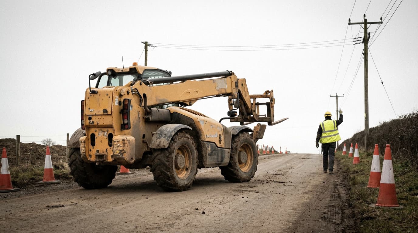Telehandler amarillo con la pluma retraída circula por un camino de barro pasando conos de tránsito, un trabajador con chaleco de alta visibilidad camina al lado cerca de líneas eléctricas aéreas y un poste de servicio.