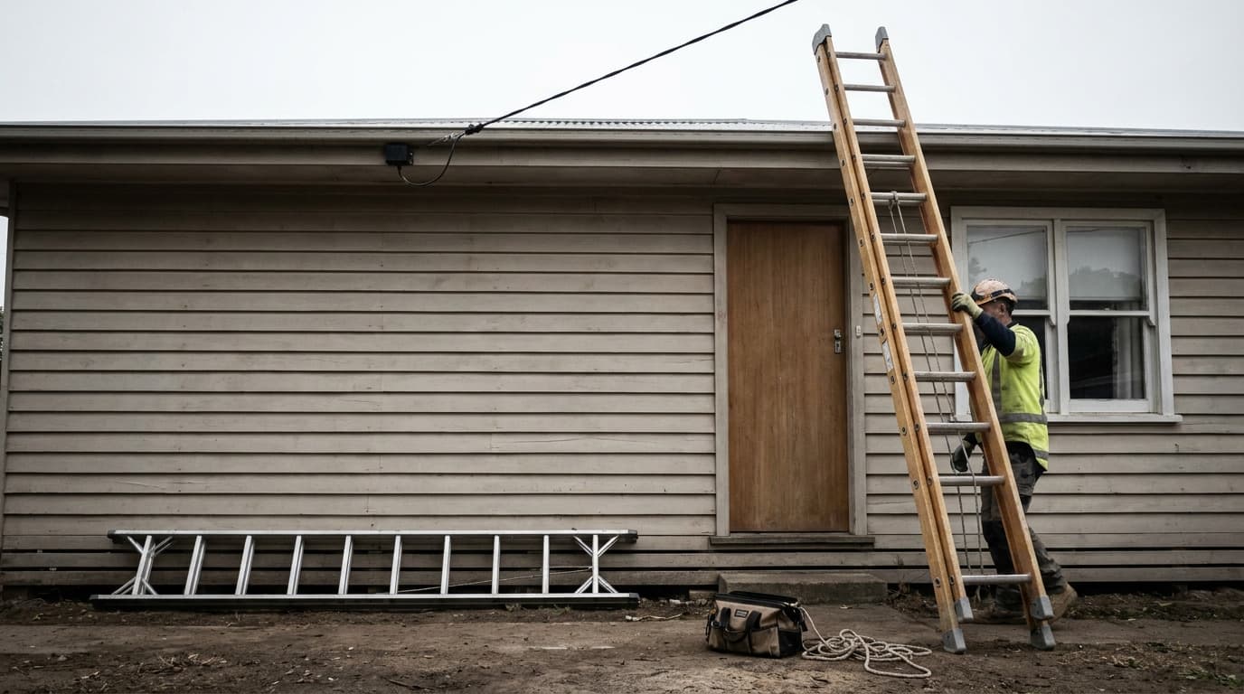 Trabajador con chaleco de alta visibilidad y casco sube por una escalera de madera apoyada contra una casa, una segunda escalera de aluminio yace en el suelo, con una línea eléctrica aérea encima.