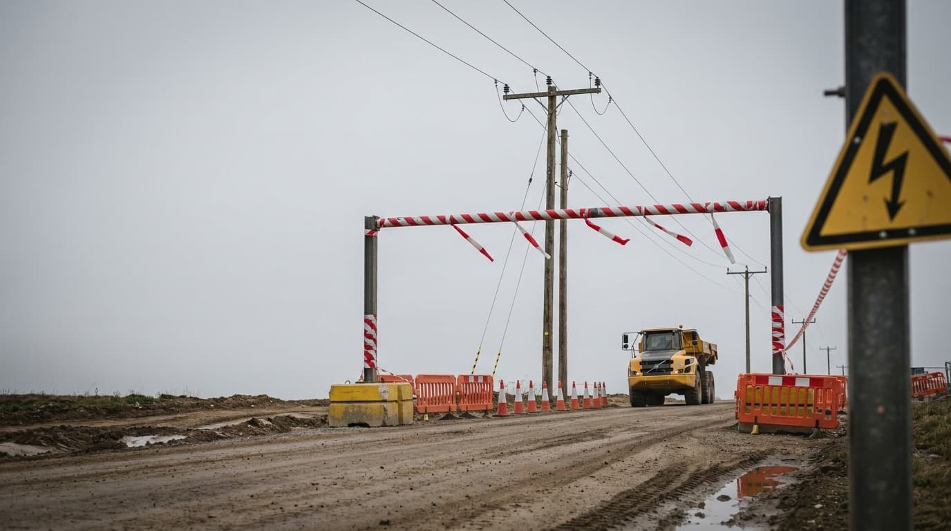 Barrera tipo pórtico con franjas rojas y blancas y banderines de peligro cruza un camino de tierra bajo líneas eléctricas aéreas, con un camión volquete acercándose y una señal de advertencia eléctrica en primer plano.