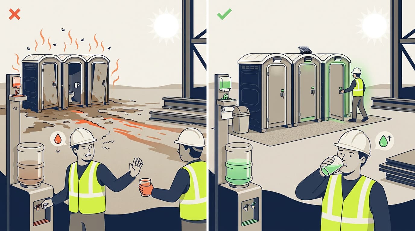 Split illustration: left shows dirty flyblown portable toilets, spilled liquid, murky water jug, workers arguing over a dirty cup. Right shows clean toilets, hand sanitizer, worker drinking clear water.