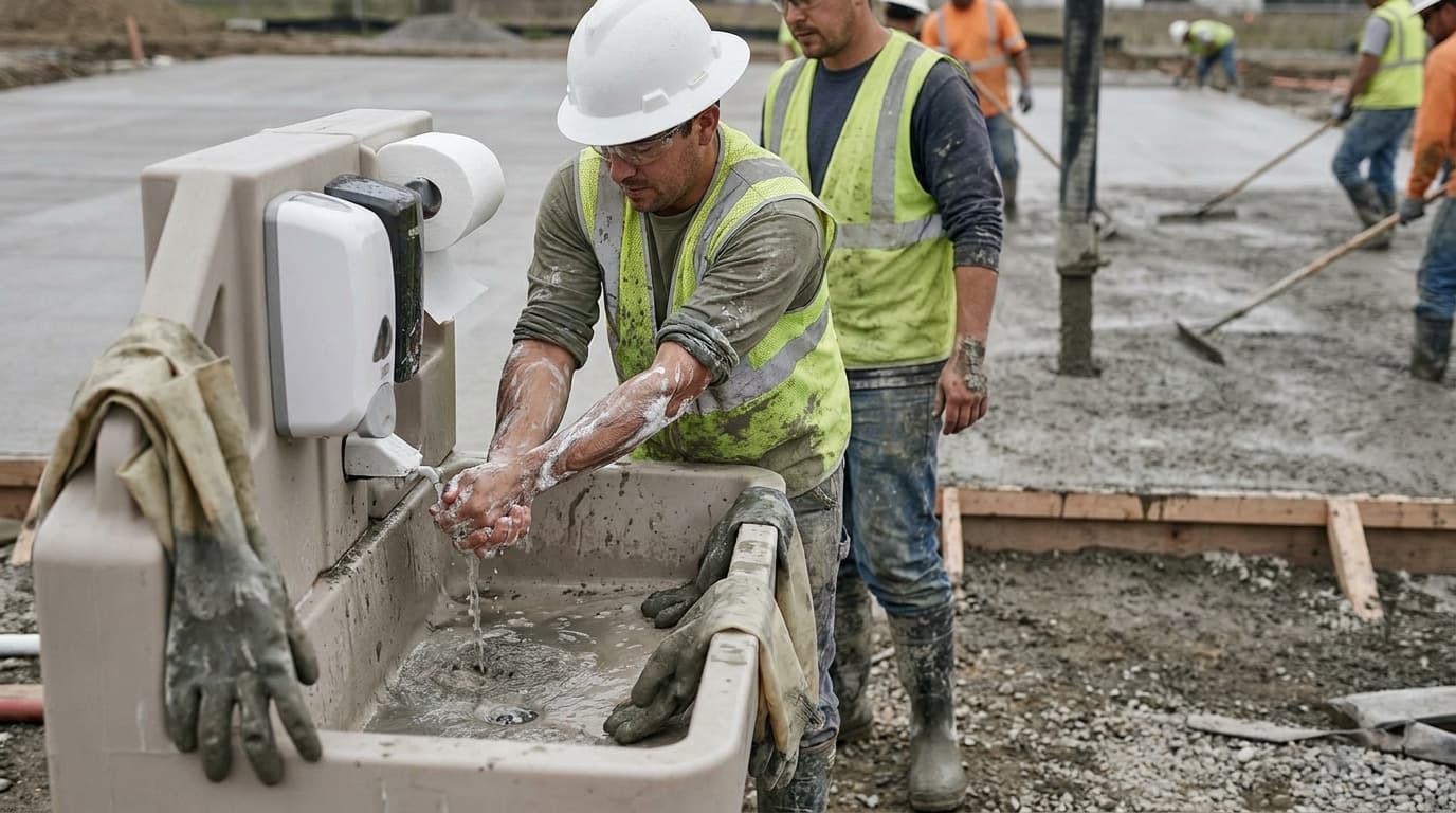 Construction worker in hard hat and vest washes muddy hands at an outdoor sink station with soap dispenser and paper towels, others work behind him.