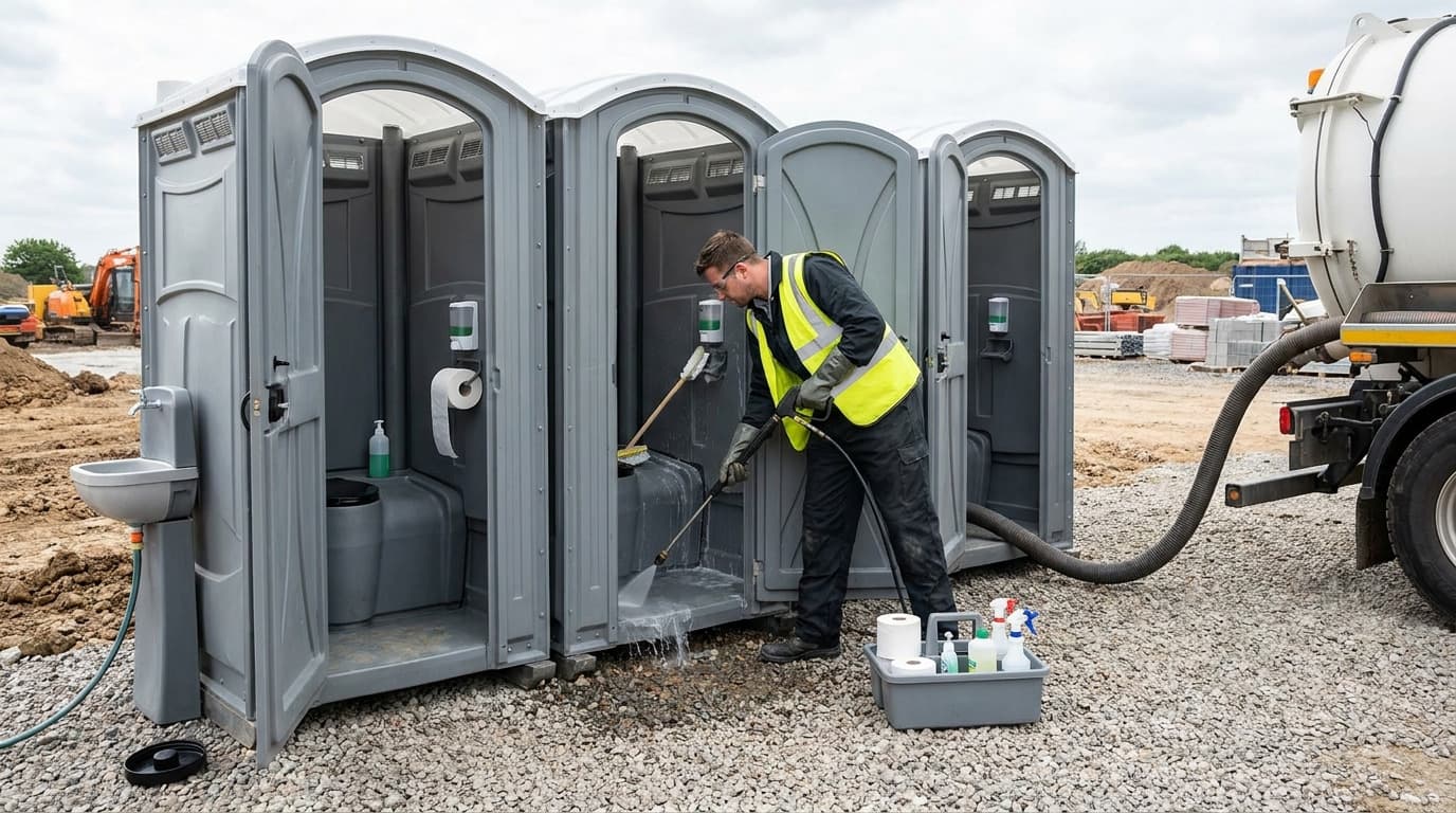 Worker in high-visibility vest cleans row of portable toilets with pressure washer and brush, cleaning supplies nearby, pump truck hose connected alongside.