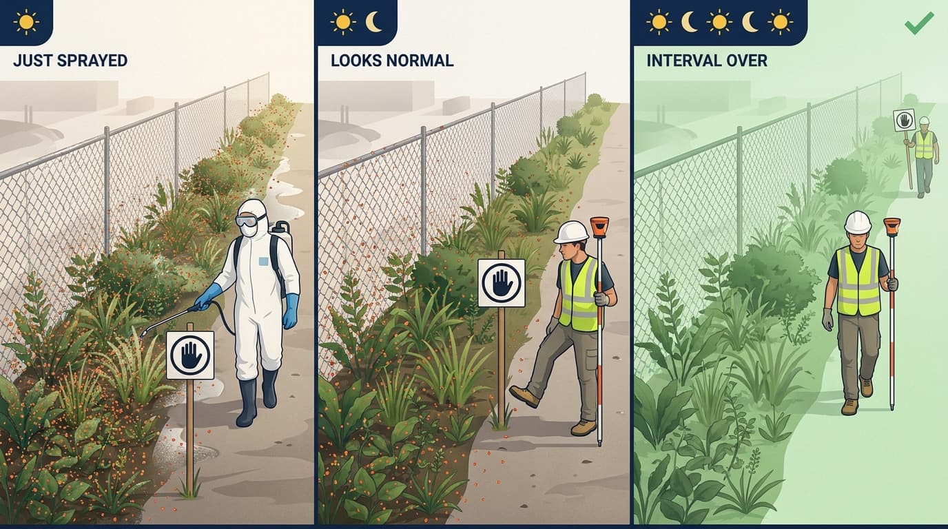 Ilustración de tres paneles: trabajador con traje protector completo rociando cerca de una cerca, luego un trabajador con chaleco de alta visibilidad pasando junto a un letrero de advertencia, y por último el reingreso tras el intervalo con tono verde y un trabajador con equipo de alta visibilidad caminando el mismo sendero.