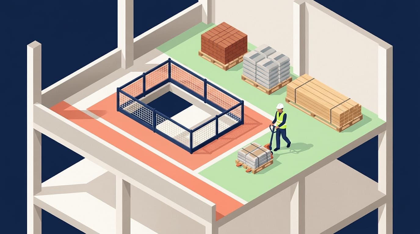 Isometric illustration of a building's upper floor with a guarded fenced opening, a worker in hi-vis pulling a pallet truck with materials, and stacked bricks, blocks, and timber.