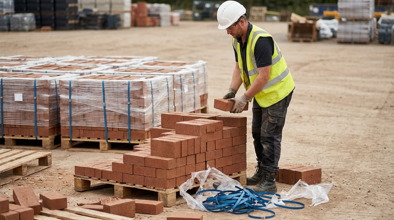 Worker in hard hat, hi-vis vest, gloves, and boots stacks red bricks by hand from a pallet, with wrapped brick pallets and blue packing straps nearby.