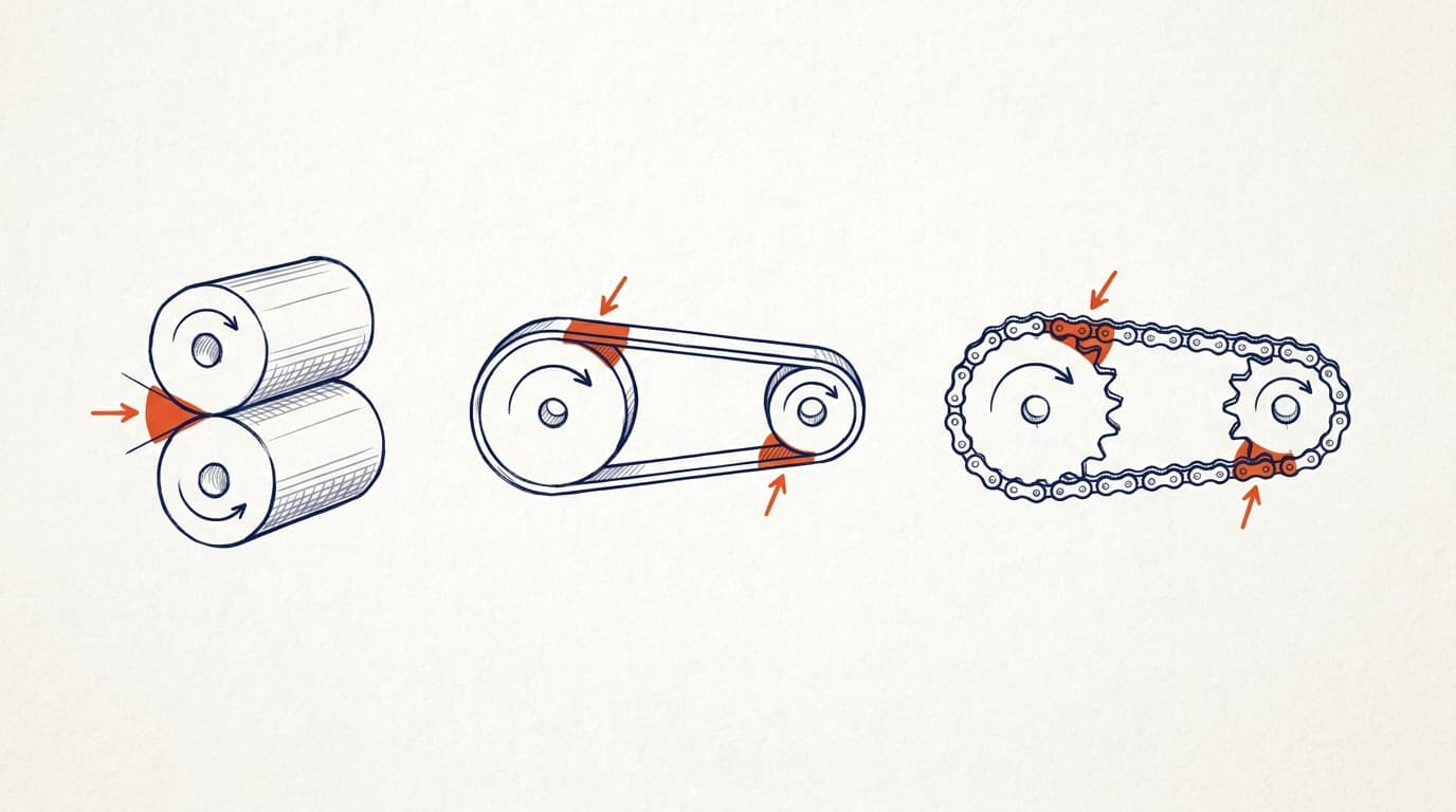 Diagram of three pinch point types: two counter-rotating rollers, a belt-and-pulley system, and a chain-and-sprocket drive, each marked with orange hazard zones and arrows.