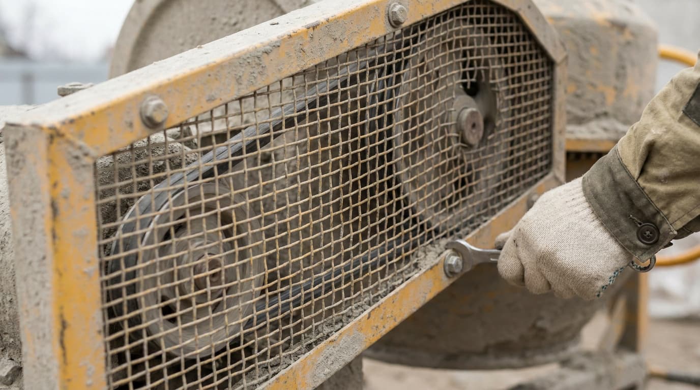 Close-up of a wire mesh guard covering a belt-and-pulley drive on dusty concrete equipment, with a gloved hand holding a wrench near a bolt.