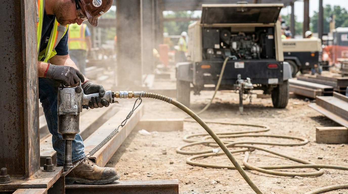 Worker in hard hat and safety glasses operates a pneumatic riveting tool on a steel beam, with an air compressor and coiled hoses in the background.